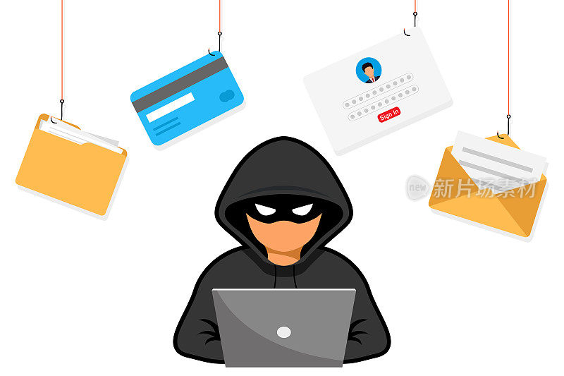 Hacker attacks and web security. Hacker, cybercriminal with laptop stealing user's personal data. Сybercriminals, identity theft, username, password, documents, email and credit card.